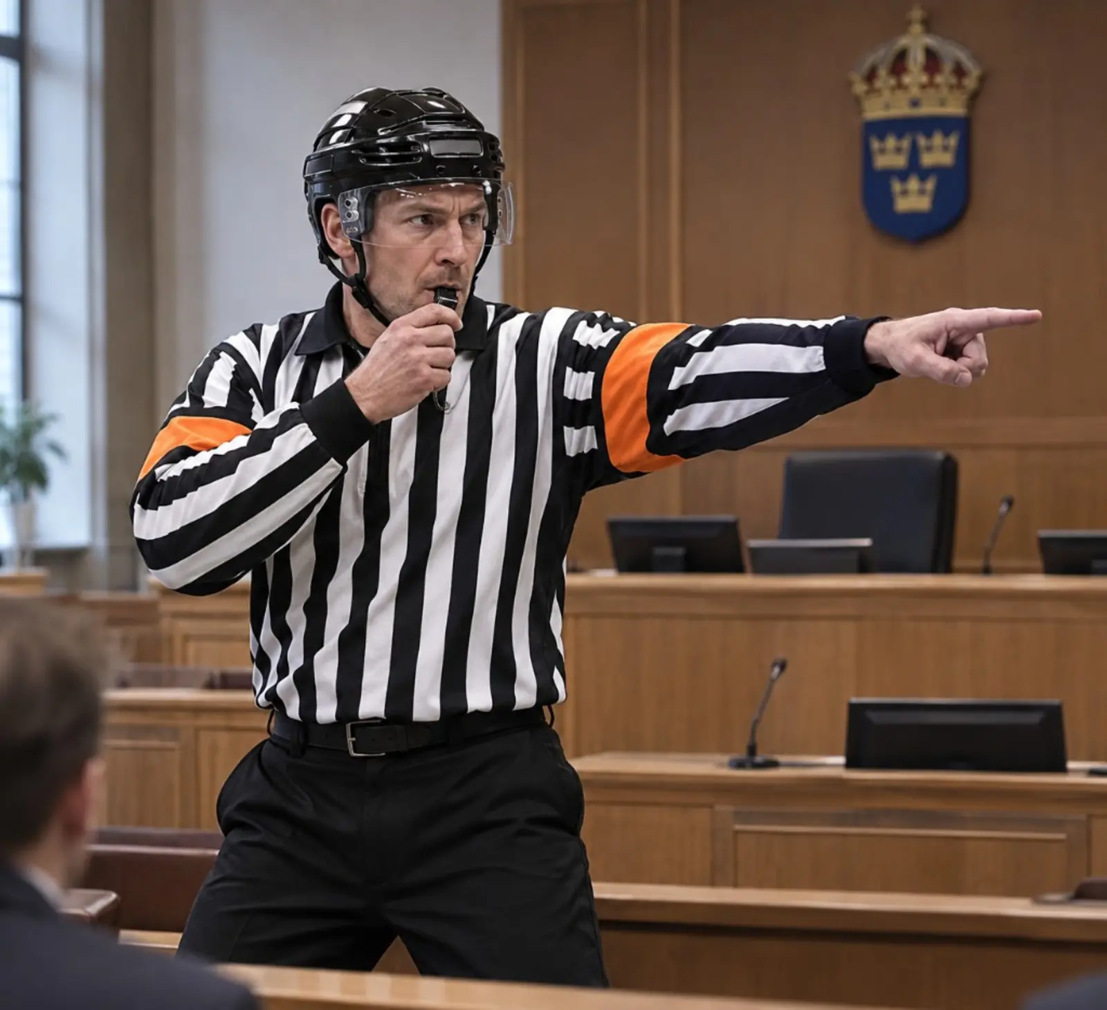 Domare i hockeyhjälm blåser av i en svensk rättssal